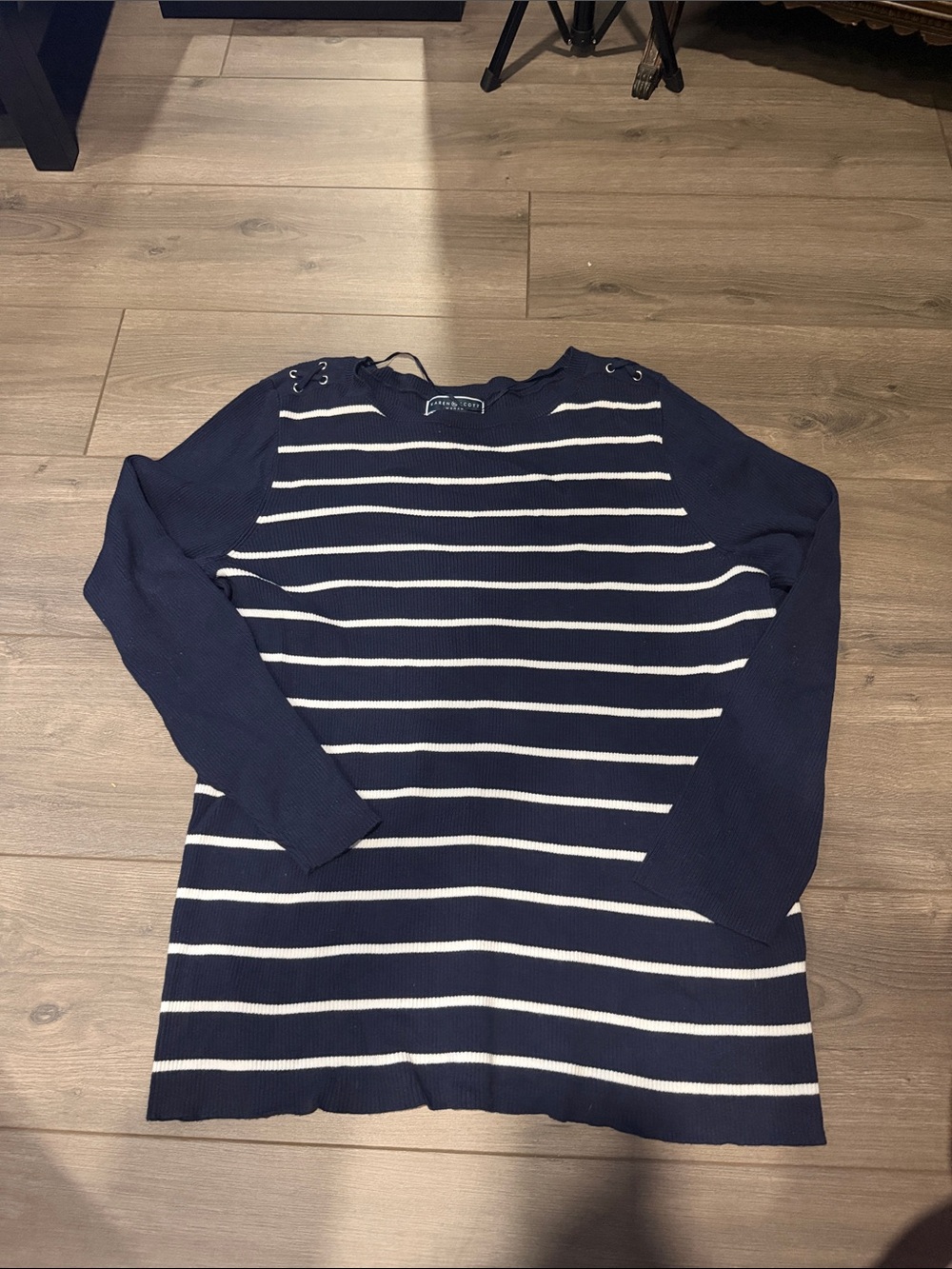Karen Scott Navy and White Striped Lace-Up Shoulder Sweater